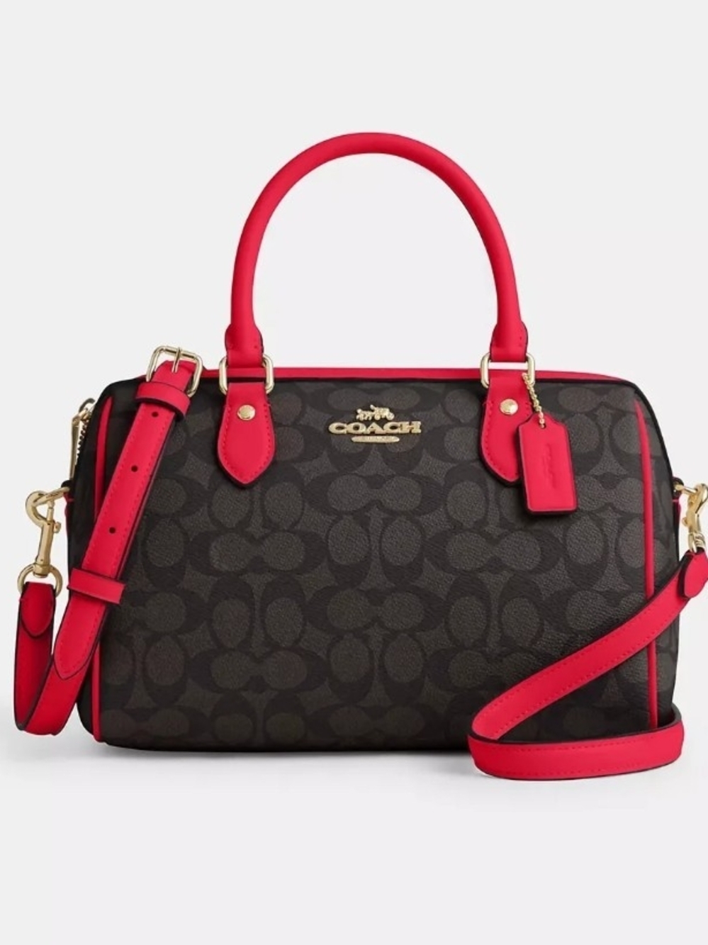 COACH Rowan Satchel in Signature Canvas with True Red leather trim